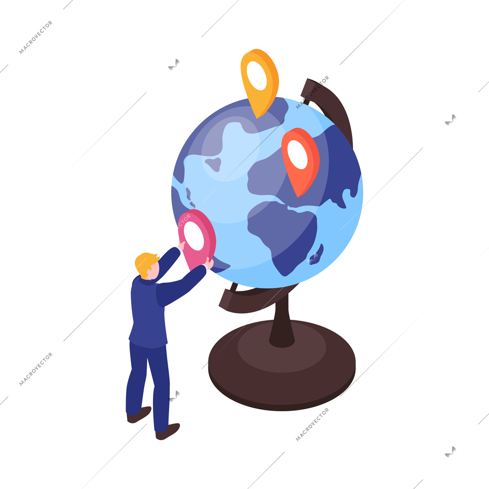 Isometric concept of online education with globe and human character 3d vector illustration