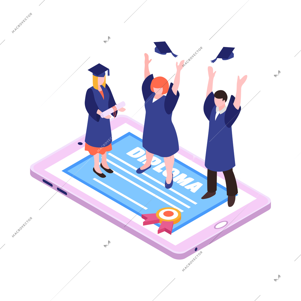 Online education isometric icon with happy graduates and diploma on tablet screen 3d vector illustration