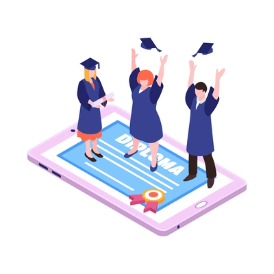 Online education isometric icon with happy graduates and diploma on tablet screen 3d vector illustration