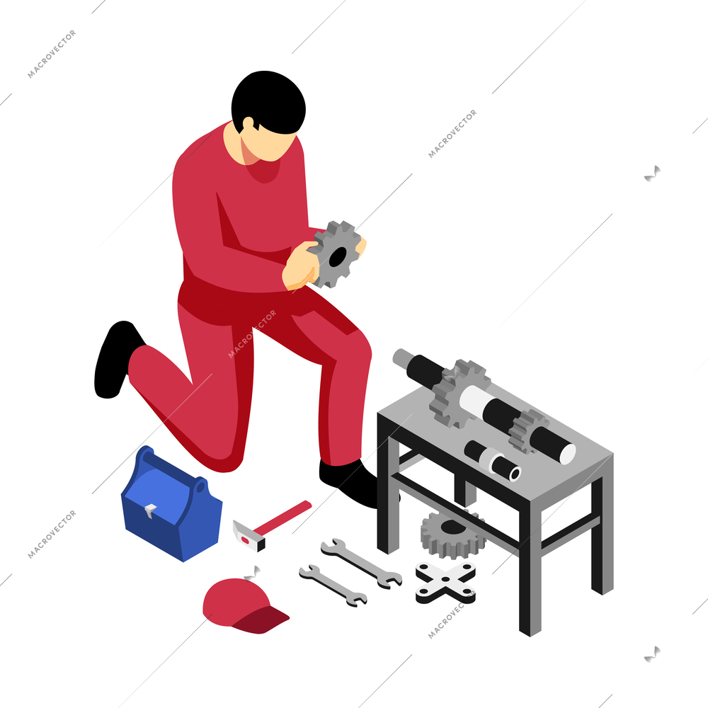 Mechanic in uniform working with construction tools 3d isometric vector illustration