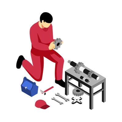 Mechanic in uniform working with construction tools 3d isometric vector illustration