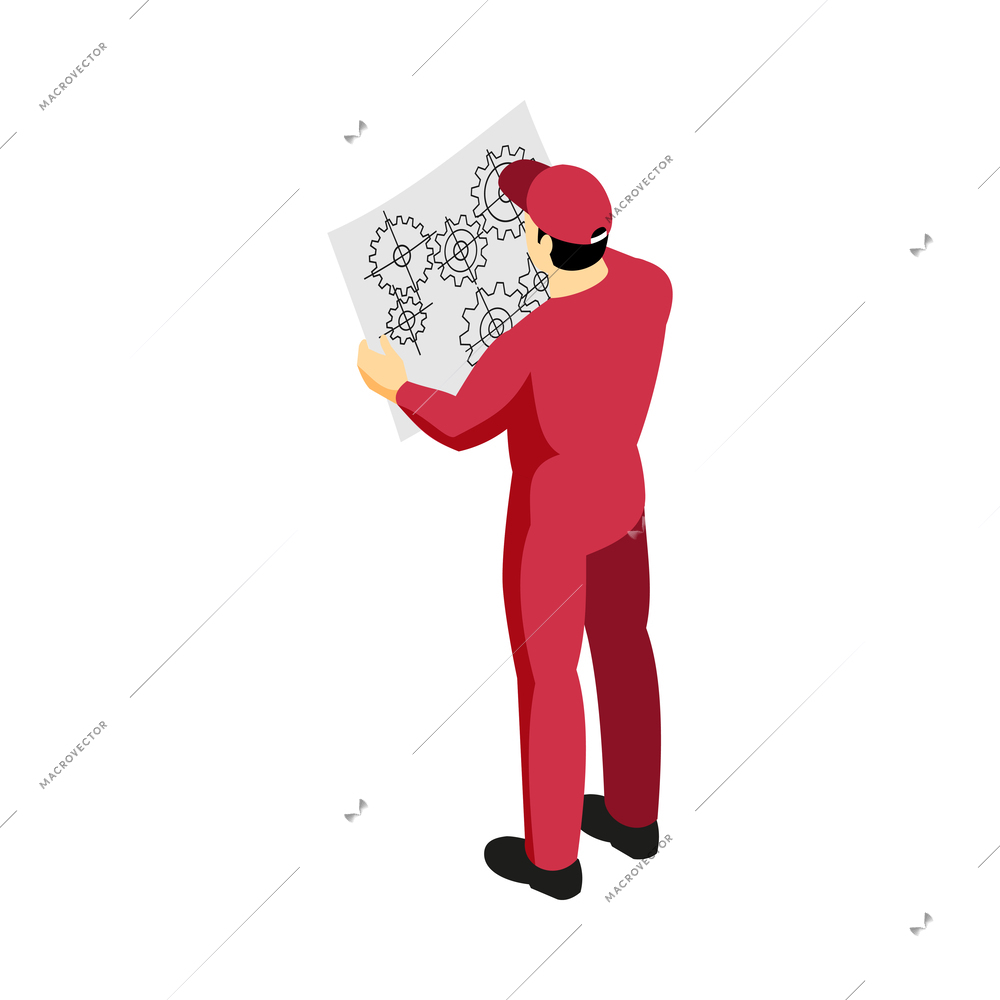 Isometric professional mechanic in uniform looking at blueprint 3d vector illustration