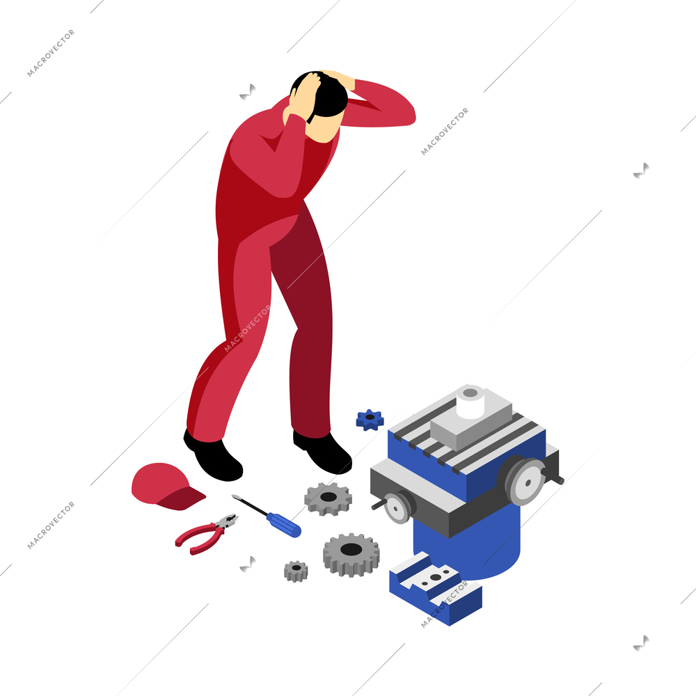 Worried mechanic looking at broken equipment 3d isometric vector illustration