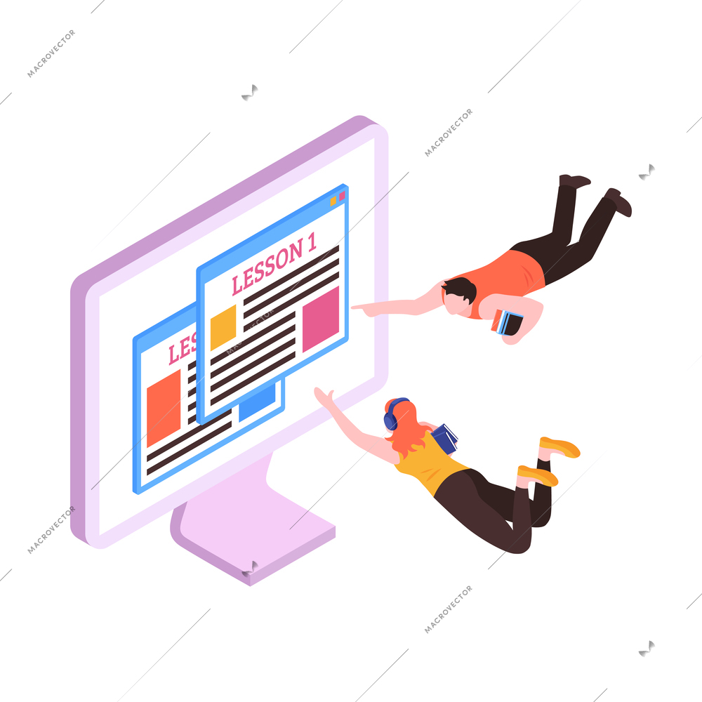 Online lesson isometric icon with people studying on computer 3d vector illustration