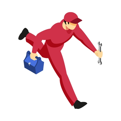 Mechanic in uniform running with toolbox and wrench spanner 3d isometric vector illustration