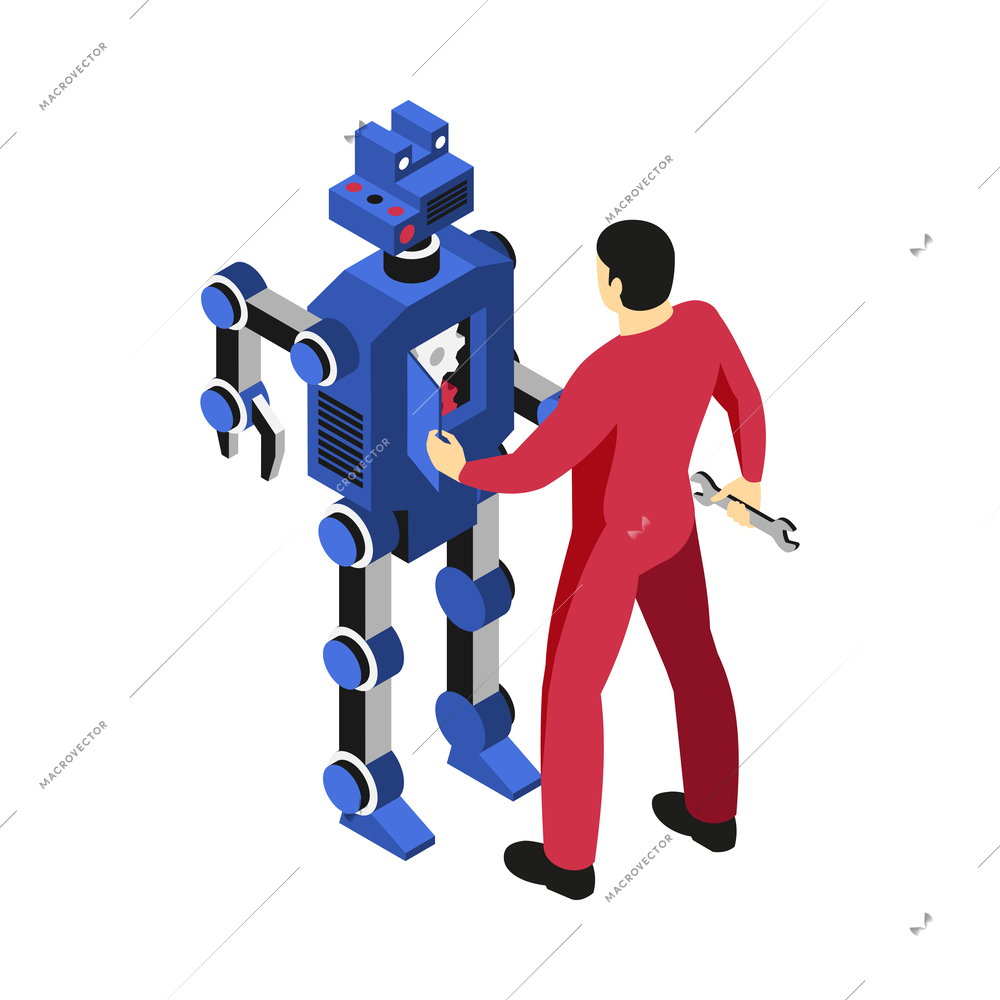 Isometric mechanic fixing robot 3d vector illustration