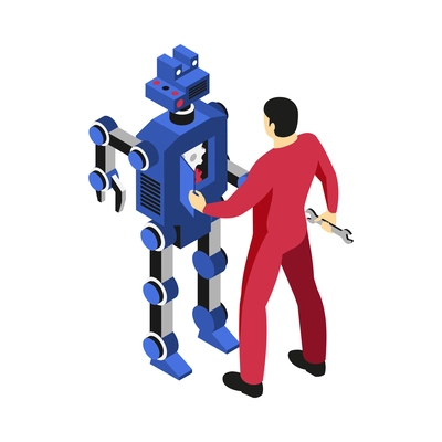 Isometric mechanic fixing robot 3d vector illustration