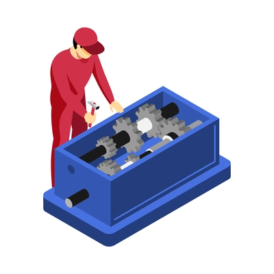 Mechanic fixing machinery with hammer 3d isometric vector illustration