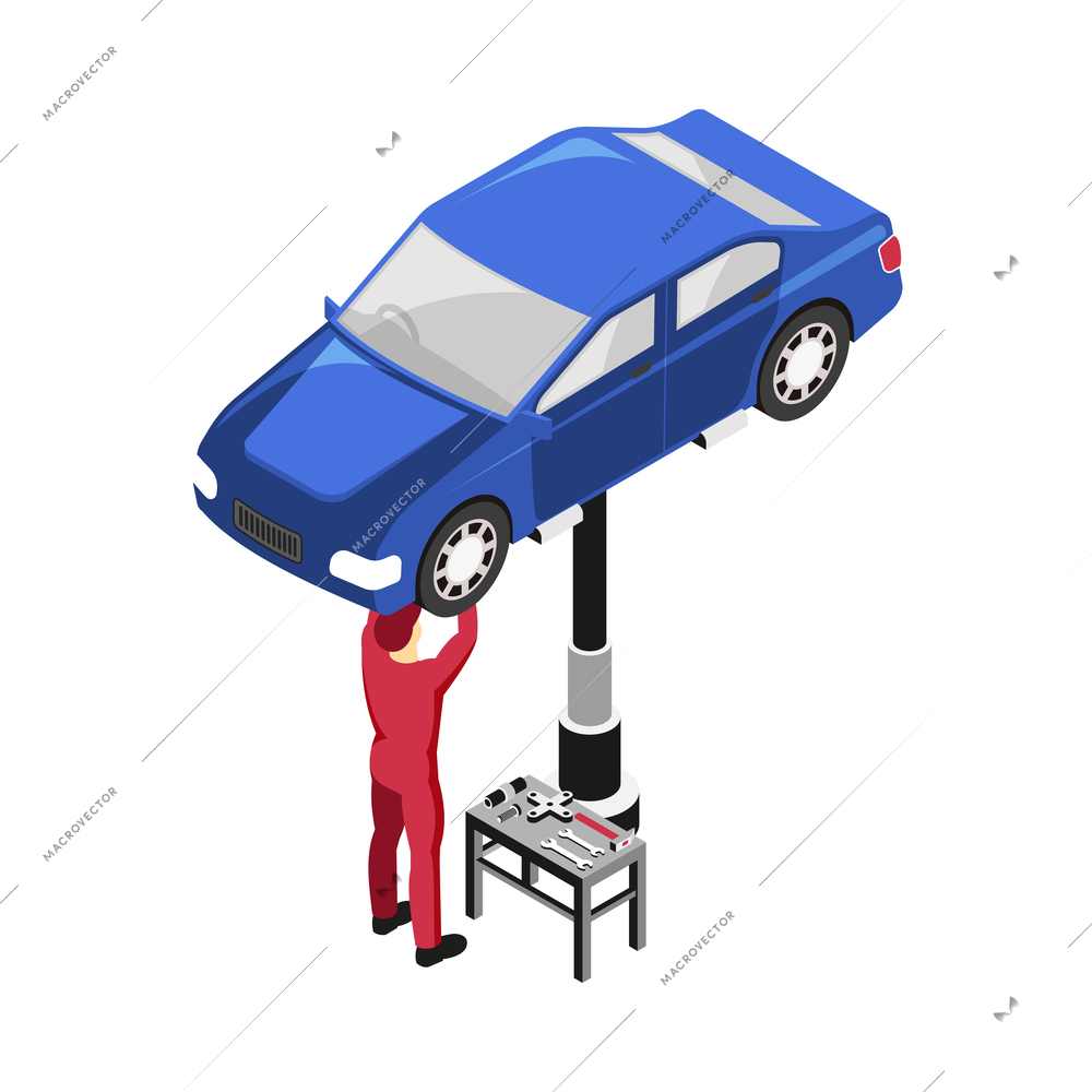 Isometric mechanic repairing car at service centre 3d vector illustration