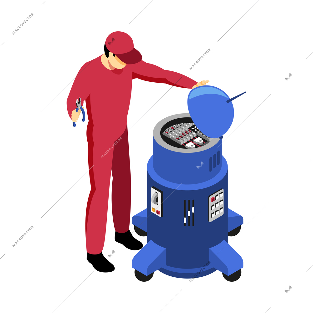 Isometric professional mechanic with pliers fixing equipment 3d vector illustration