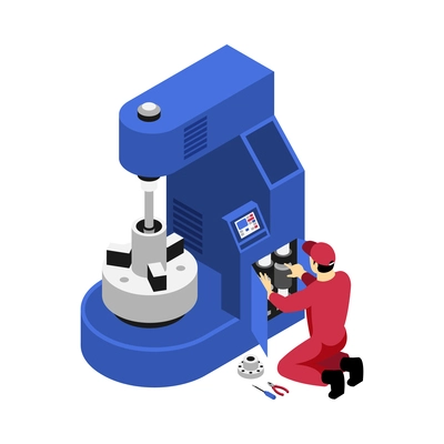 Isometric professional mechanic in uniform fixing factory equipment 3d vector illustration