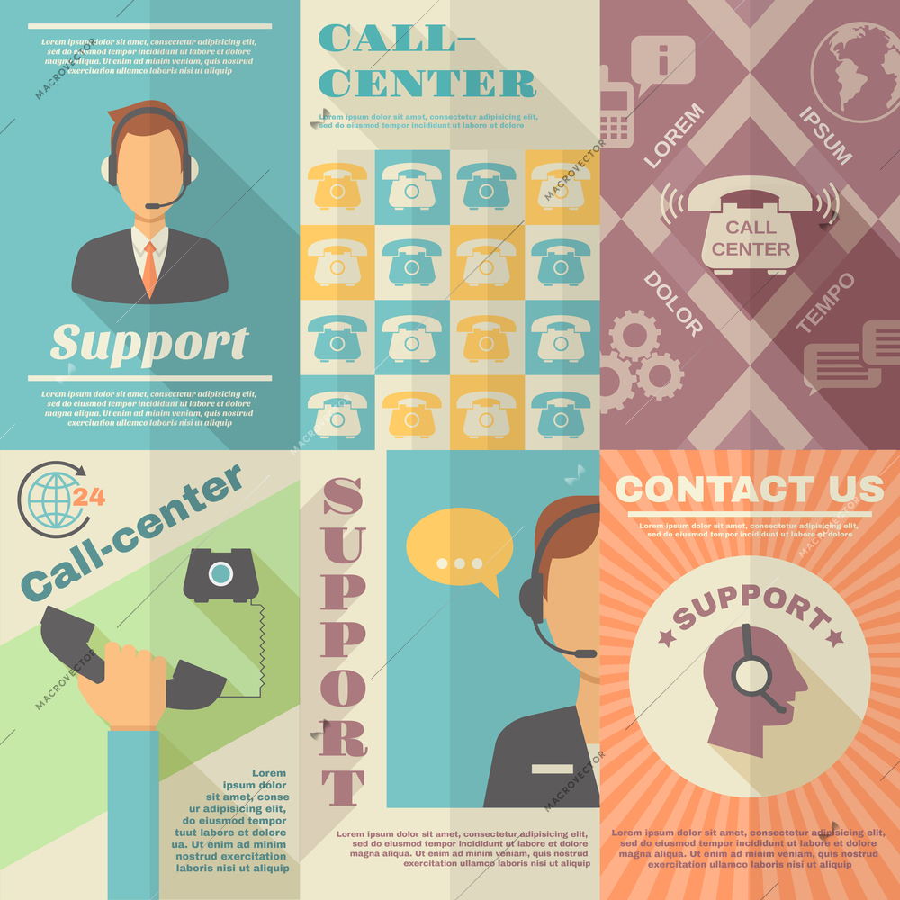 Support call center contact us vintage mini poster set isolated vector illustration