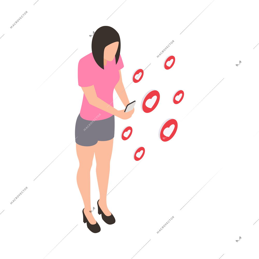 Young woman using social media isometric icon vector illustration