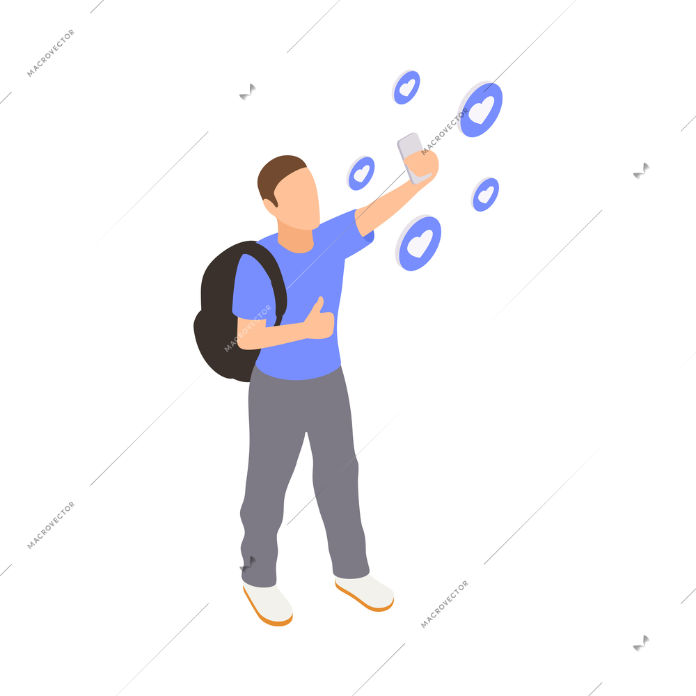 Social media isometric icon with man taking and posting selfie 3d vector illustration