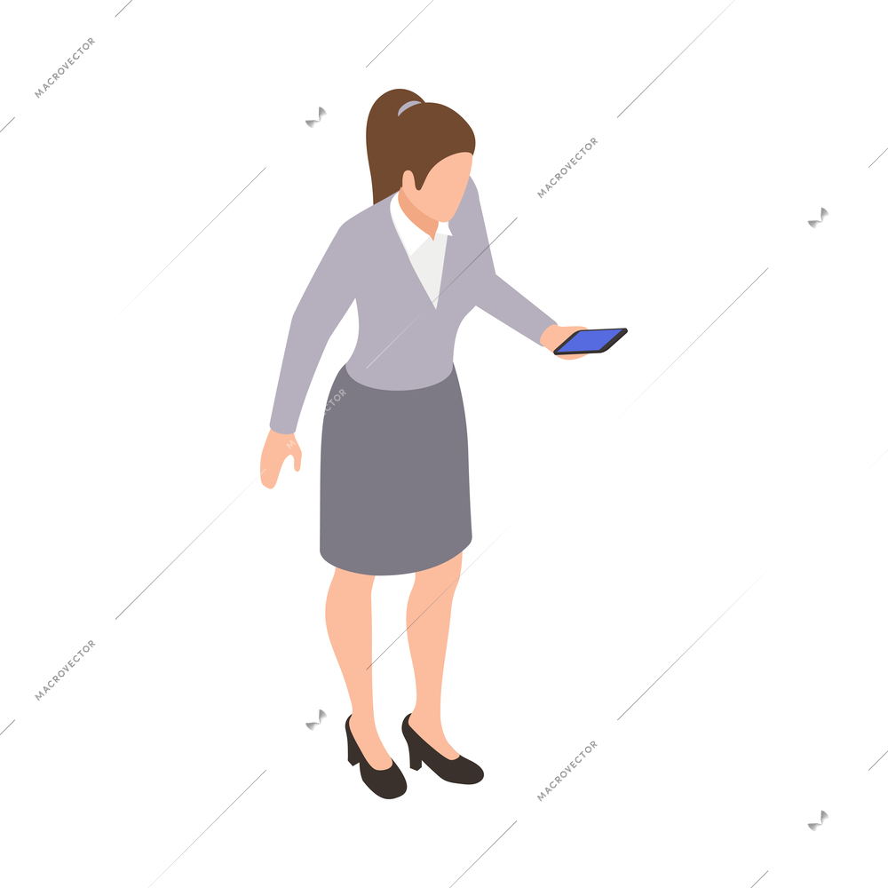 Social media isometric icon with woman using smartphone 3d vector illustration