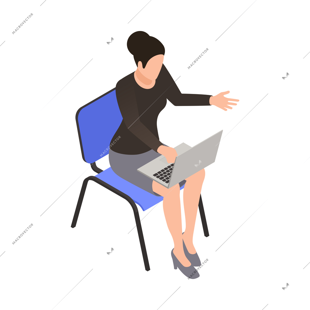 Social media isometric icon with woman chatting on laptop 3d vector illustration