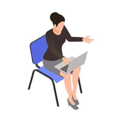 Social media isometric icon with woman chatting on laptop 3d vector illustration