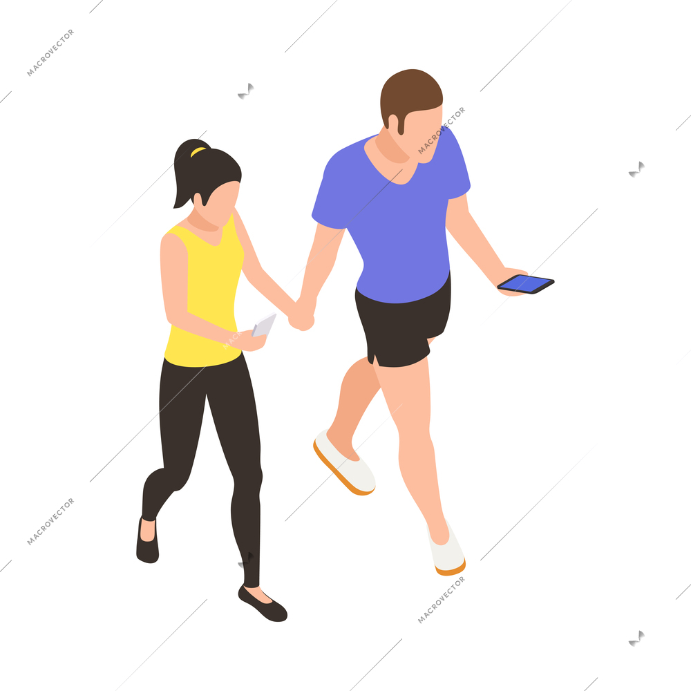 Social media isometric icon with couple walking and using smartphones vector illustration