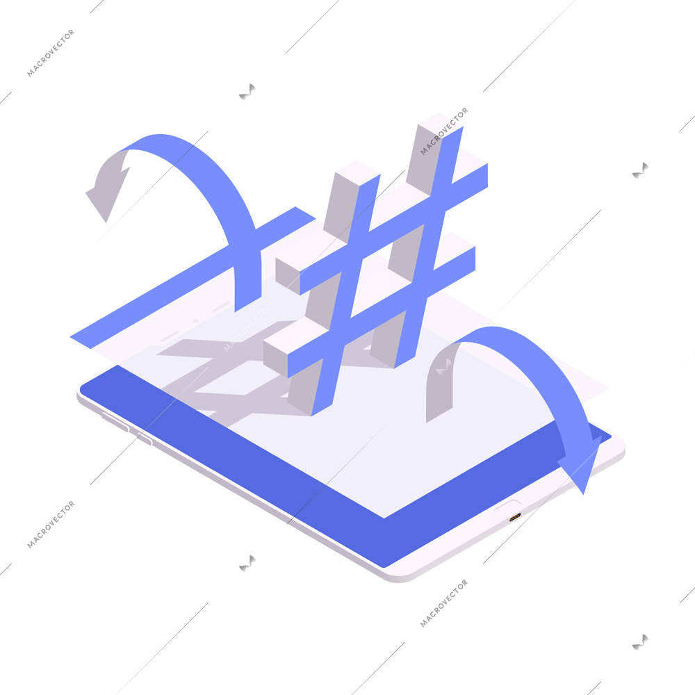 Social media isometric icon with hashtag and tablet vector illustration