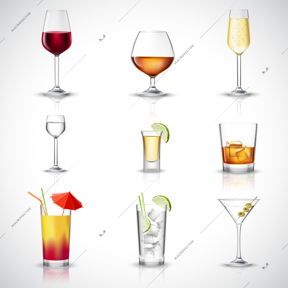 Alcohol drinks in realistic glasses decorative icons set isolated vector illustration