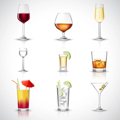 Alcohol drinks in realistic glasses decorative icons set isolated vector illustration