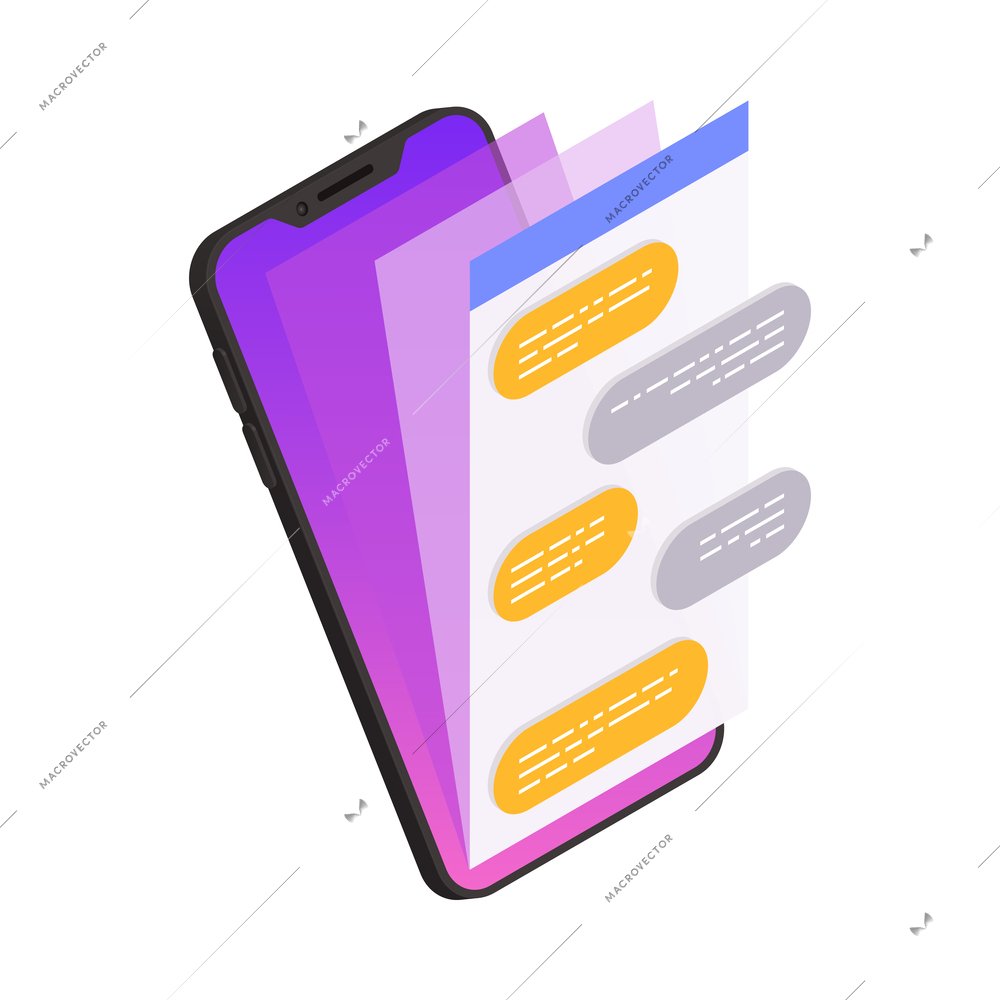 Social media isometric icon with chat messages on smartphone 3d vector illustration