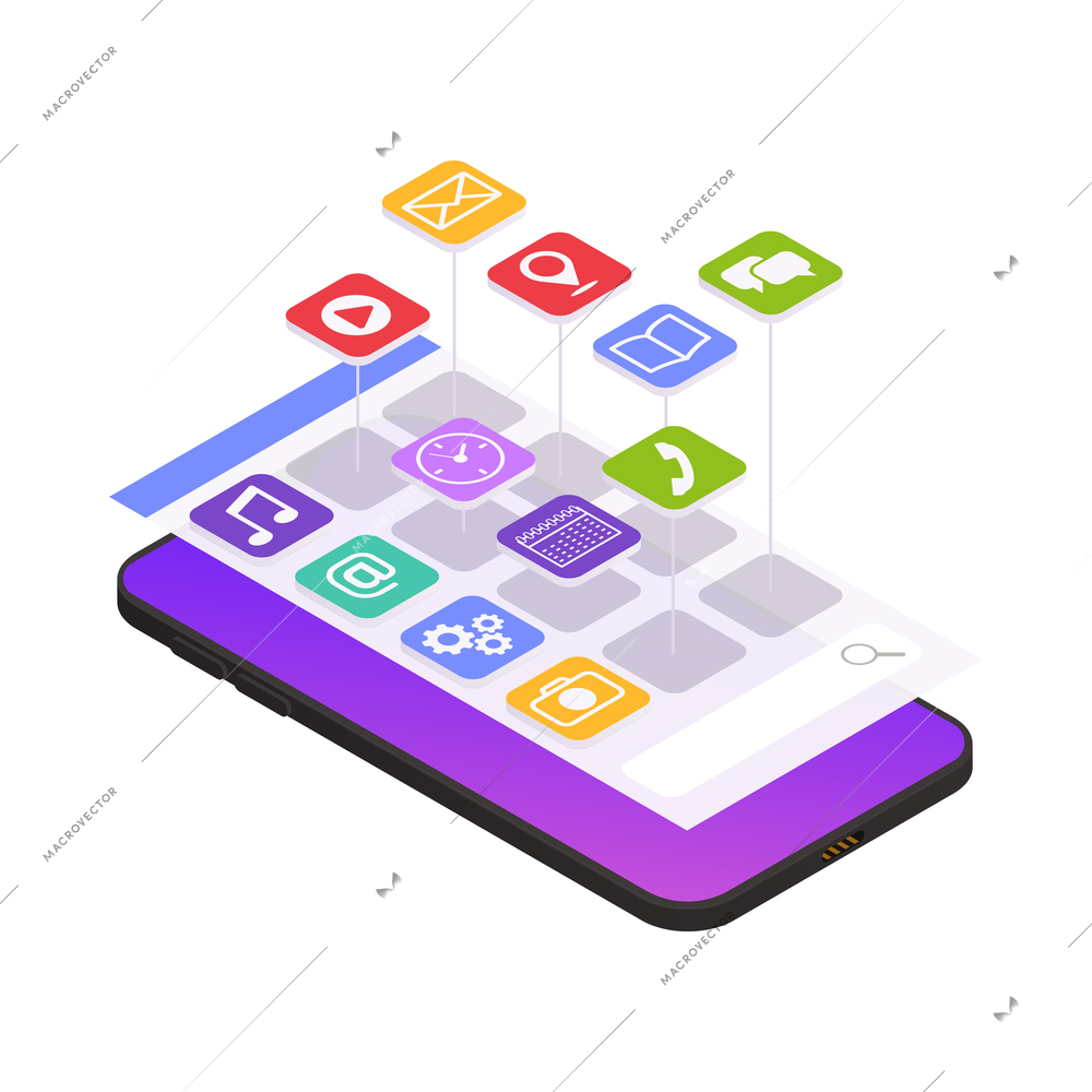 Social media isometric icon with applications on smartphone 3d vector illustration