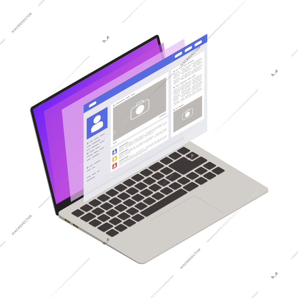 Social media isometric icon with account page on laptop screen vector illustration