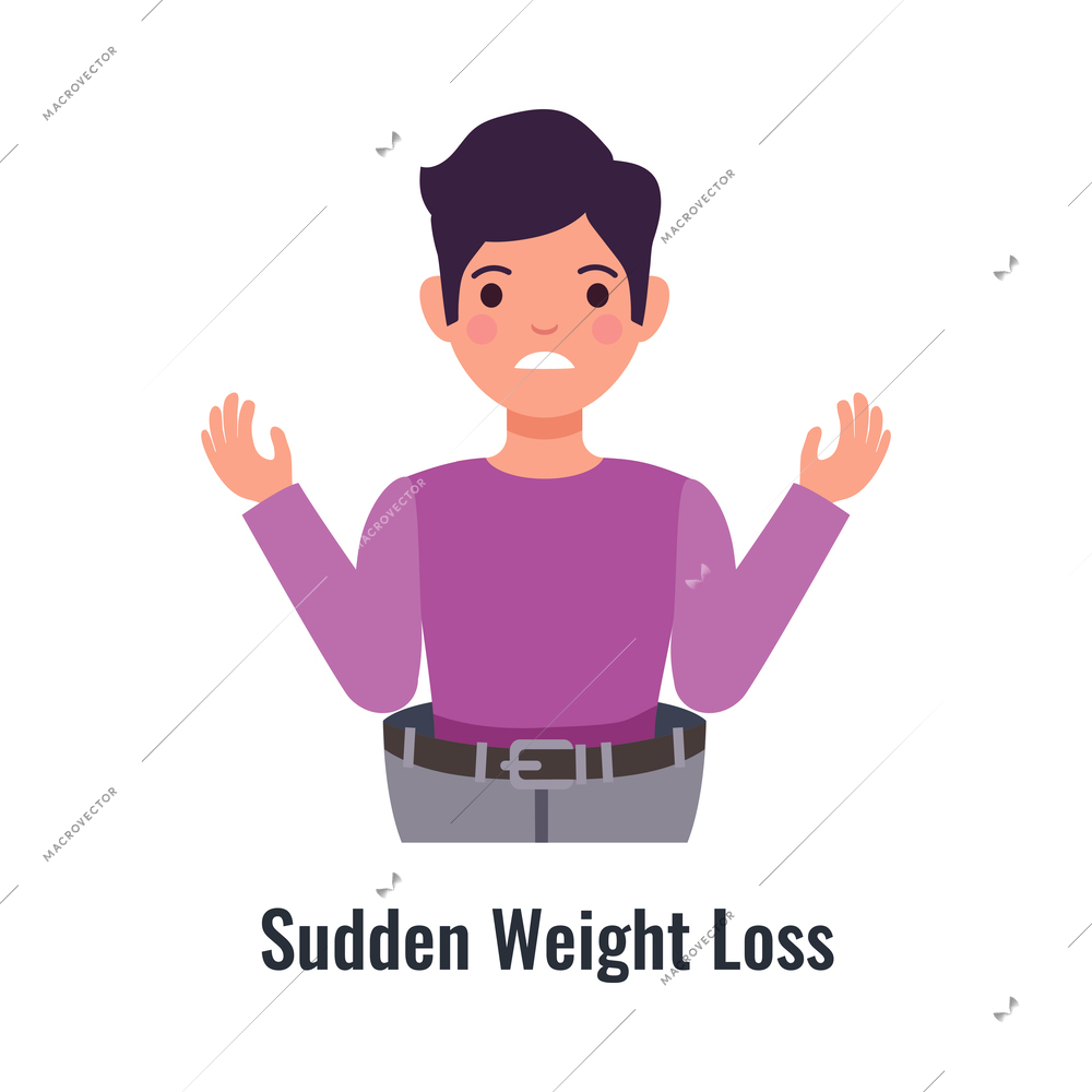 Diabetes symptom with man suffering from sudden weight loss flat vector illustration