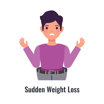 Diabetes symptom with man suffering from sudden weight loss flat vector illustration