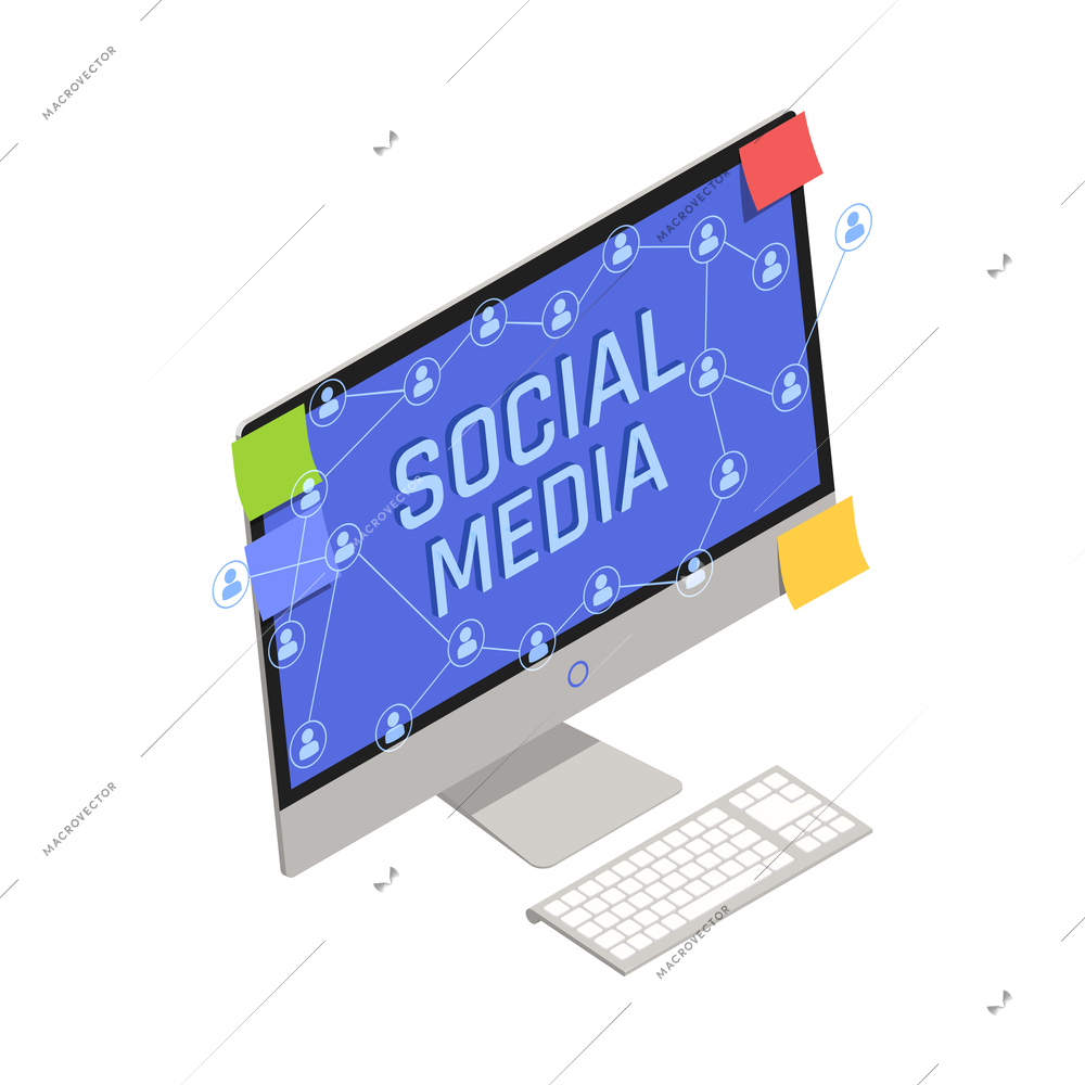 Social media isometric icon with computer monitor 3d vector illustration