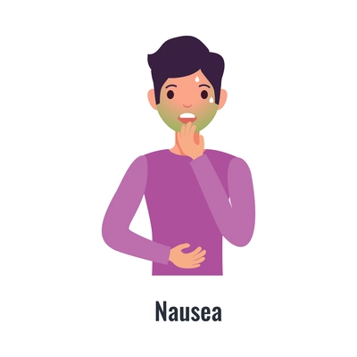 Diabetes symptom with man suffering from nausea flat vector illustration