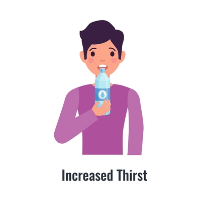 Diabetes symptom with man suffering from increased thirst flat vector illustration