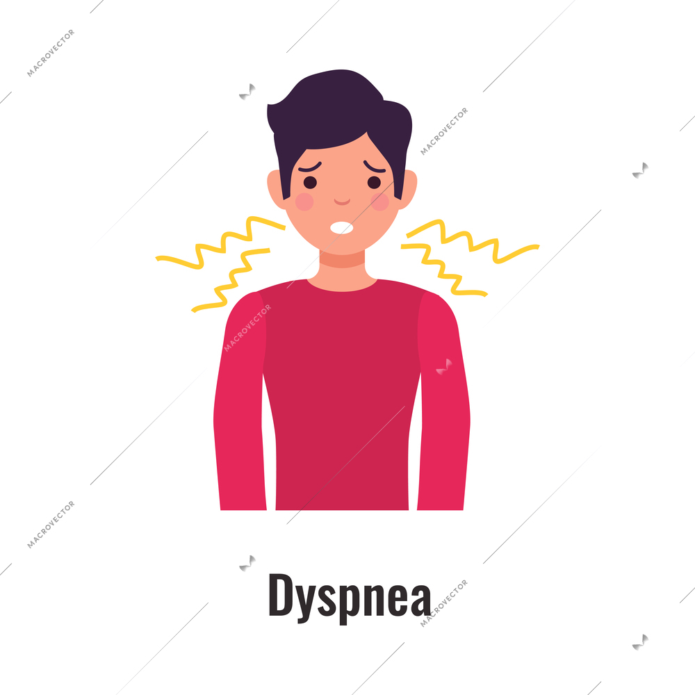 Asthma symptom with man suffering from dyspnea flat vector illustration