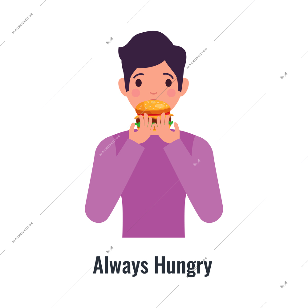 Diabetes symptom with always hungry man flat vector illustration