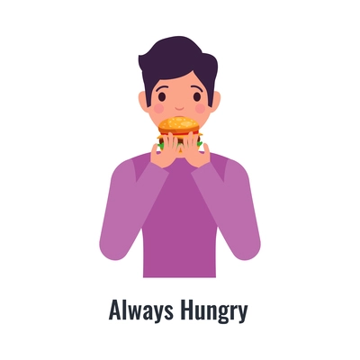 Diabetes symptom with always hungry man flat vector illustration