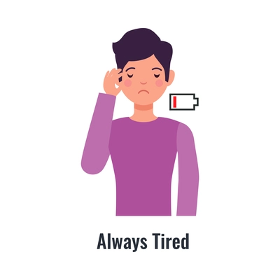 Diabetes symptom with always tired person flat vector illustration