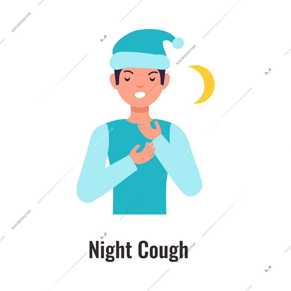 Asthma symptom with man suffering from night cough flat vector illustration