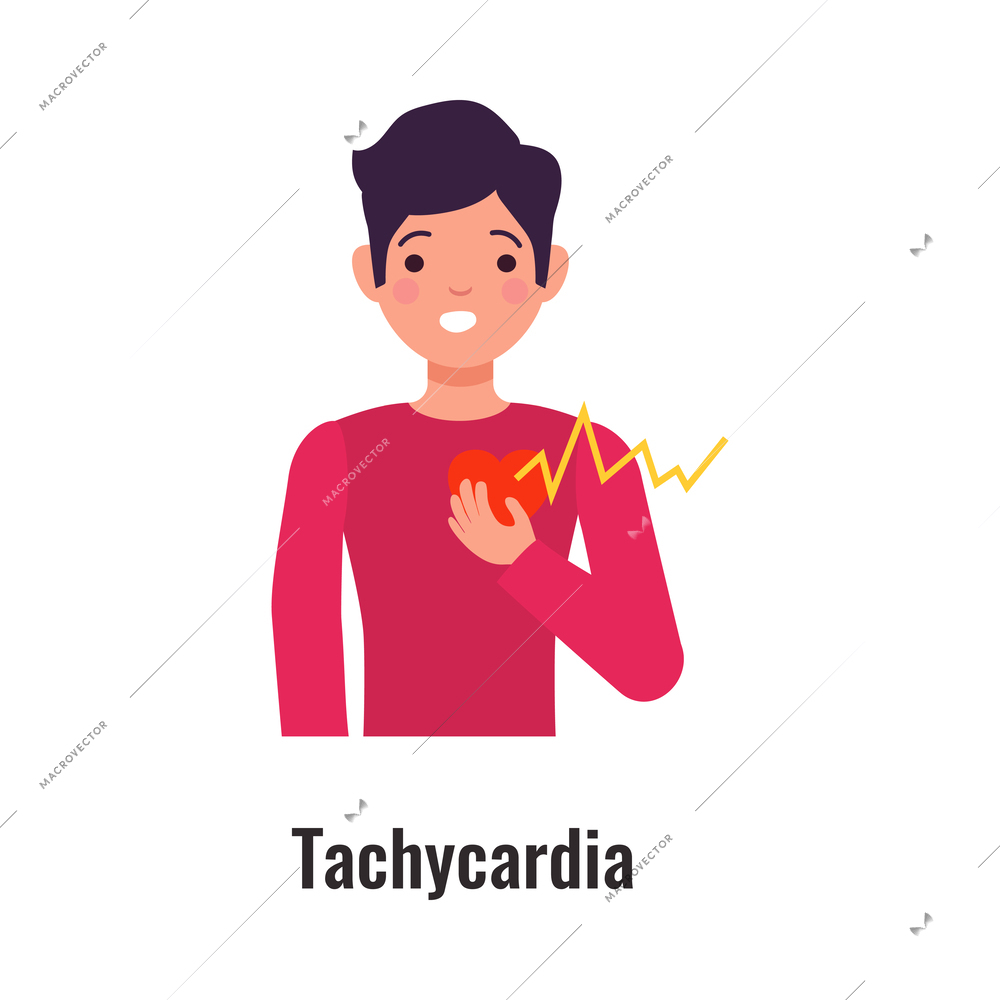 Asthma symptom with man suffering from tachycardia flat vector illustration