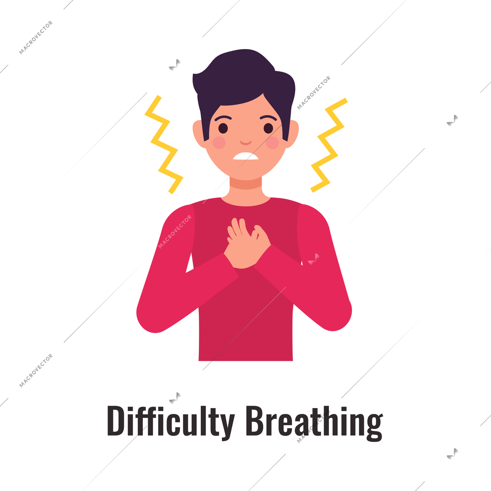 Asthma symptom with man suffering from difficulty breathing flat vector illustration