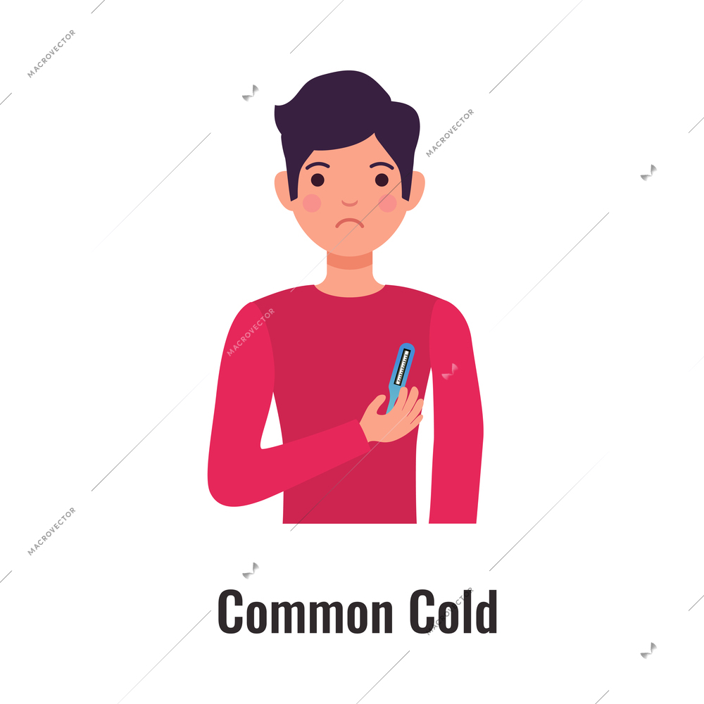 Asthma symptom with man suffering from common cold flat vector illustration