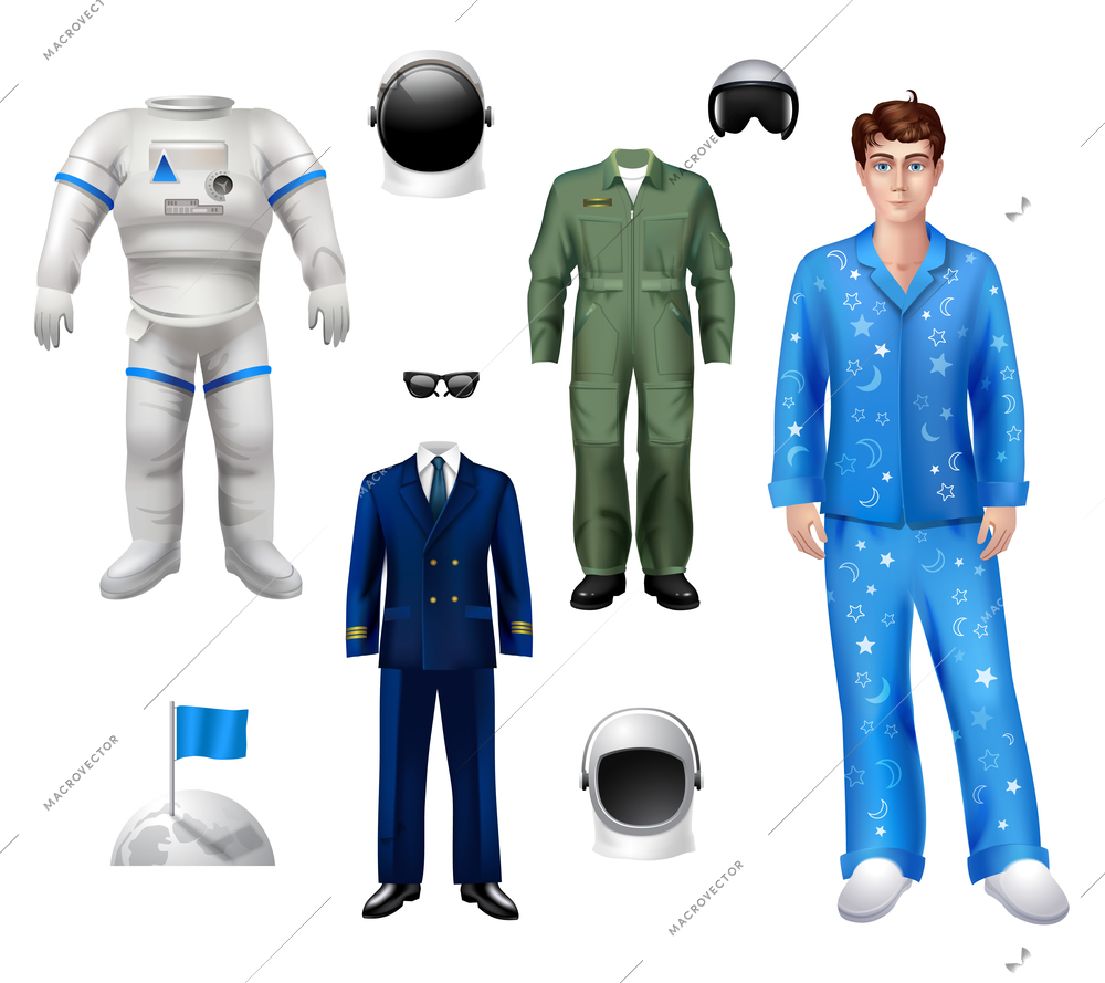Astronaut boy character pack set with suit costume helmet isolated vector illustration