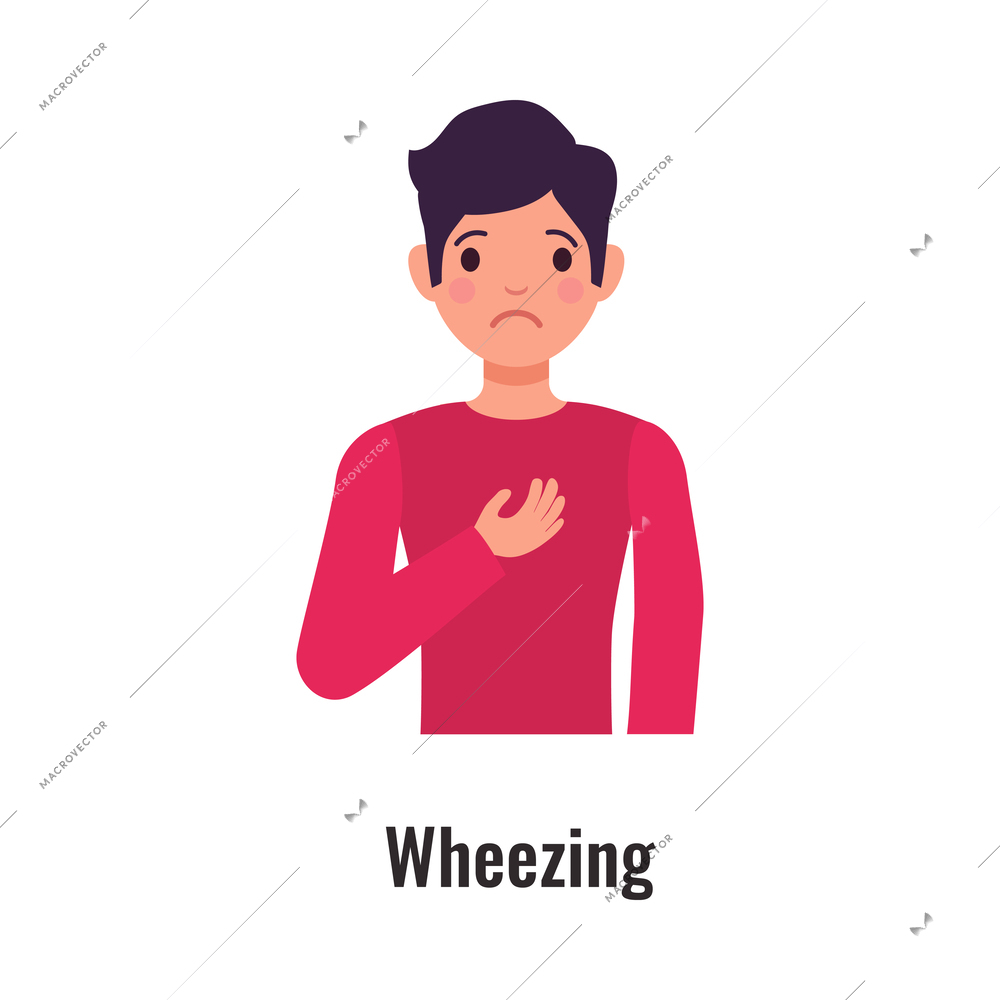 Asthma symptom with man suffering from wheezing flat vector illustration