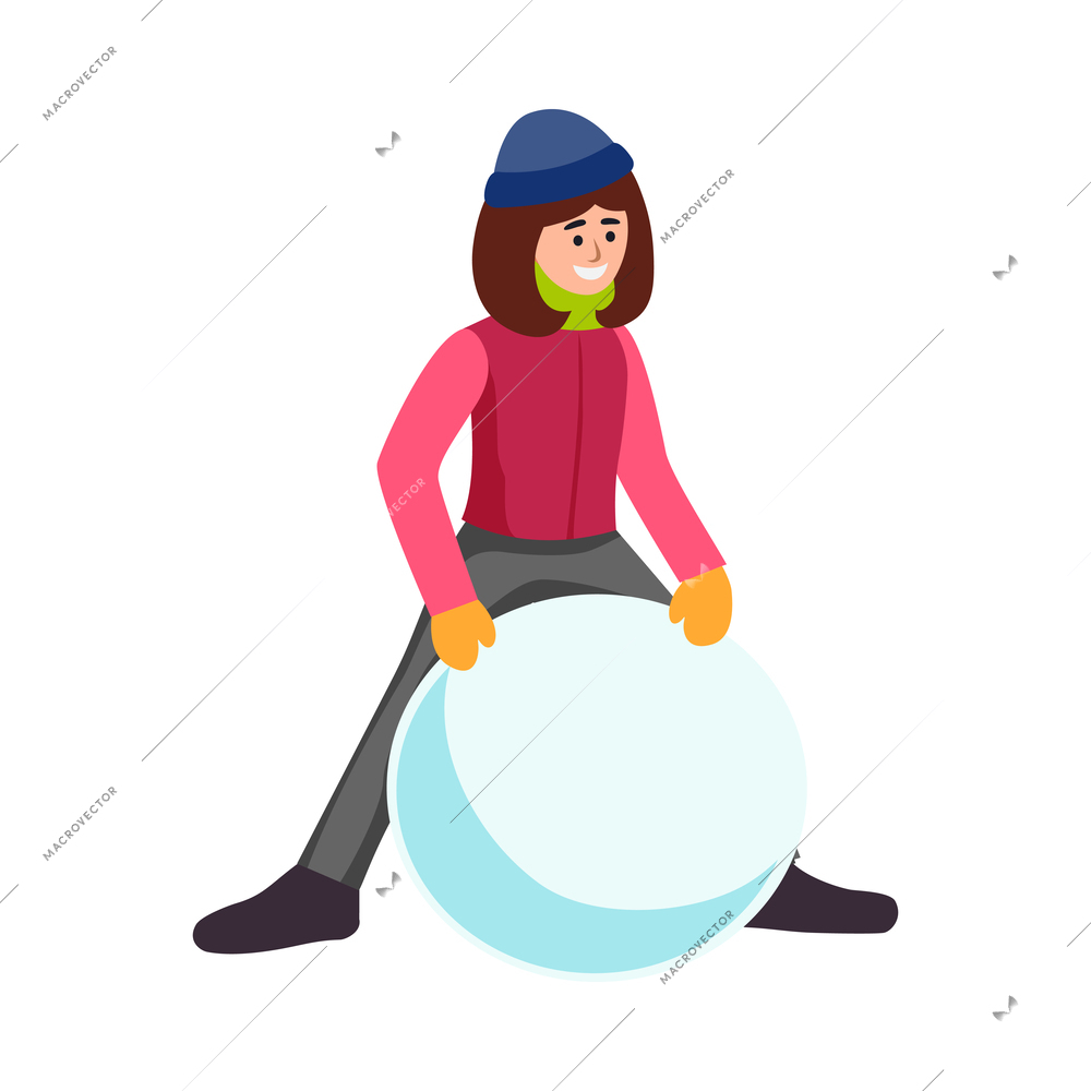 Winter activity flat icon with happy person making snowman vector illustration