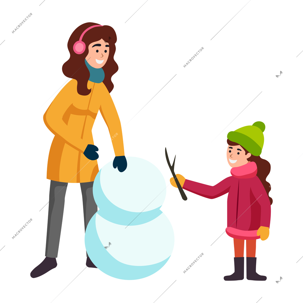Happy girl making snowman with mum flat vector illustration