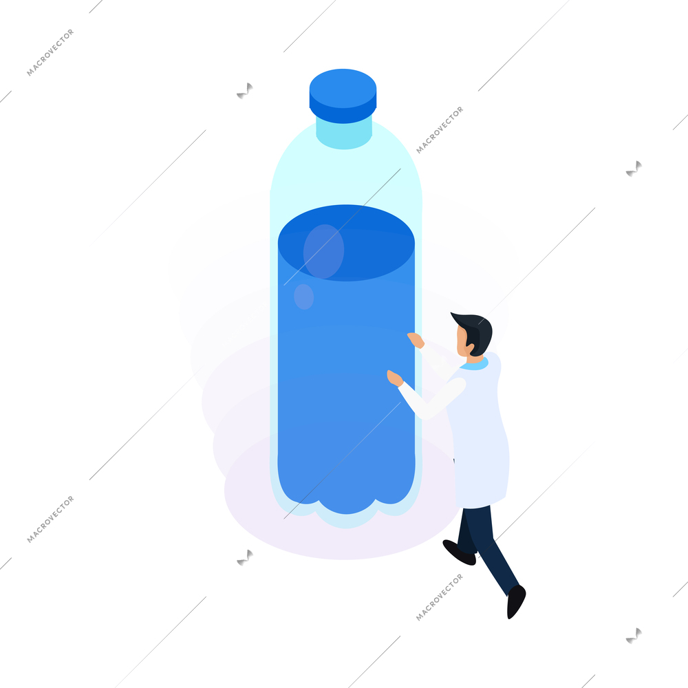 Water purification isometric icon with plastic bottle and laboratory worker 3d vector illustration