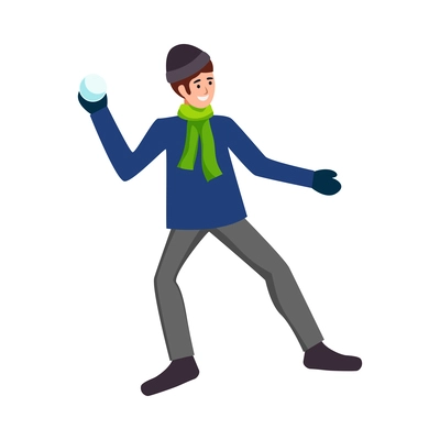 Happy man playing snowballs flat vector illustration