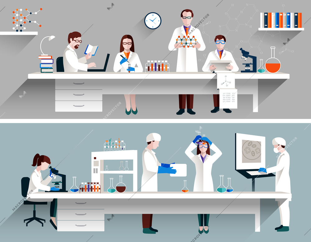 Scientists in lab concept with males and females making research vector illustration