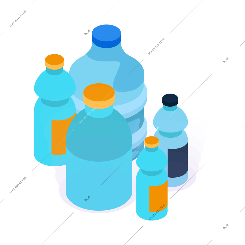Plastic water bottles of different size 3d isometric vector illustration
