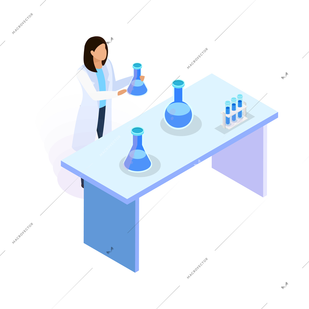 Isometric water purification icon with female scientist working in laboratory 3d vector illustration